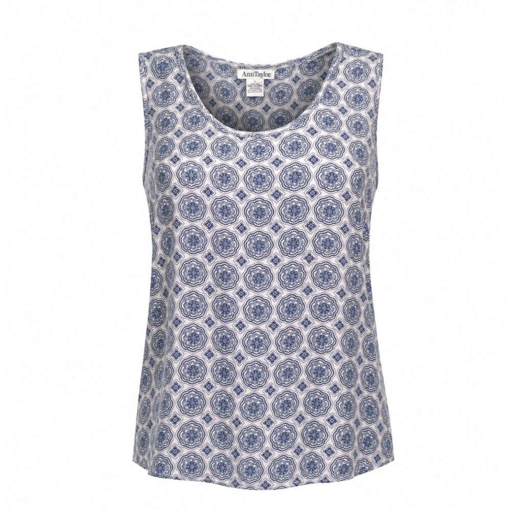 Ann Taylor Vintage 100% Silk Sleeveless Tank Top Blue White Medallion Print Sz S